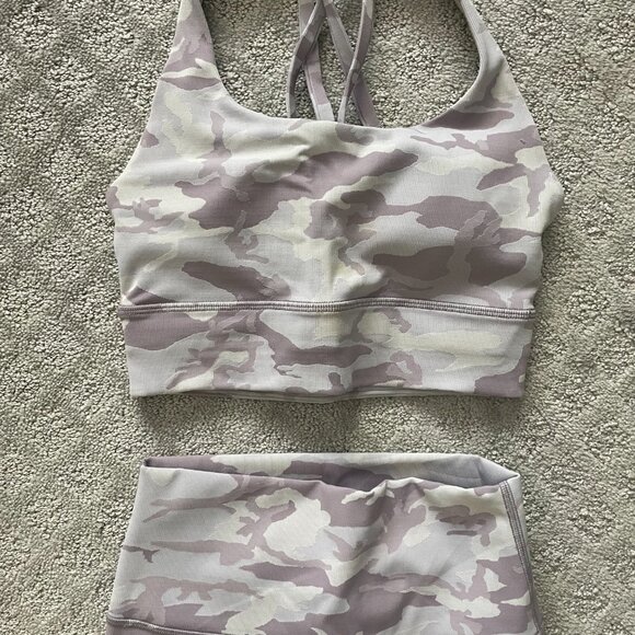 Lululemon PINK PURPLE CAMO LUXTREME RIBBED SET Energy Bra Long Line + Leggings 4 - Picture 6 of 15